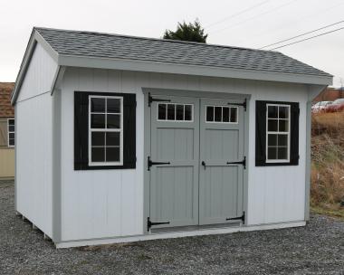 Pine Creek 10x14 New England Cottage with White walls, Light Gray trim and Black shutters, and Oyster Grey shingles