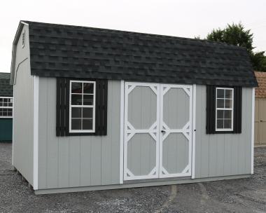 Pine Creek 10x14 HD Dutch Barn with Light Gray walls, White trim and Black shutters, and Charcoal shingles