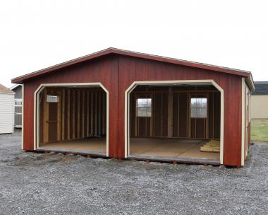 Pine Creek 24x20 Double Car Garage with Redwood Polyurethane walls, Cream trim, Cream shutters, and Charcoal shingles