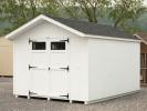 10x14 Front Entry Peak Roof Style Storage Shed with White Siding and Black Window Trim