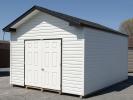 12x16 Front Entry Peak Storage Shed with White vinyl siding, black trim, extra doors